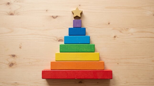 Colorful wooden block pyramid with star top for festive holiday celebration on light wood surface