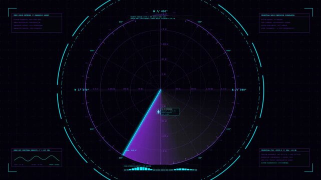 Scientific deep space radio astronomy parabolic radar interface with precision celestial sweep coordinate grid target reticle and signal