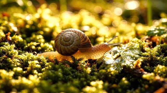 Close-up of a snail with a spiral shell moving slowly on mossy ground with water droplets