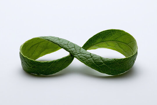 Green leaf in infinity symbol shape isolated on white background, sustainable development concept