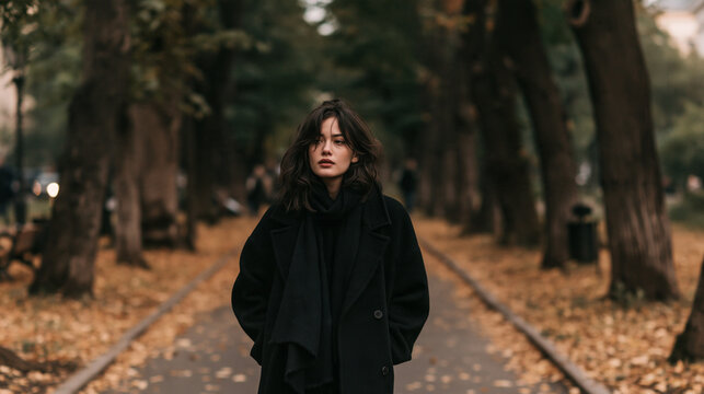 Melancholy Autumn Stroll: A solitary woman dressed in a dark coat and scarf walks through a tree-lined park path covered in fallen autumn leaves, evoking a sense of contemplation and solitude.