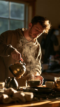 Warm Embrace: A man is pouring hot water from a kettle into a teacup, steam rising, creating a cozy and comforting atmosphere in a sunlit room.