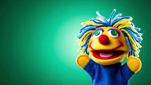 Colorful puppet with vibrant hair against a green background
