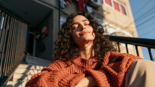 Serene Sunlight Embrace: A young woman with curly hair basks in the golden sunlight, her eyes closed in peaceful contentment, wearing a cozy knitted sweater on a bright, crisp day.