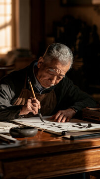 Elderly Artist Painting in Studio: An elderly artist, with gentle focus, is engrossed in the delicate art of painting in a tranquil studio, illuminated by warm, soft light.