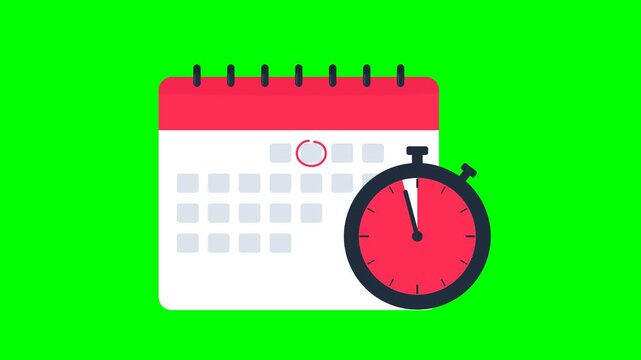 Animated Calendar and Stopwatch Icon for Time Management and Deadline Concept on Green Screen Background