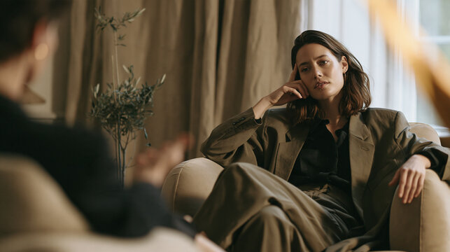 Deep Conversation: A woman sits attentively, listening to a man who gestures emphatically, engaged in a deep and possibly challenging conversation in an intimate setting.