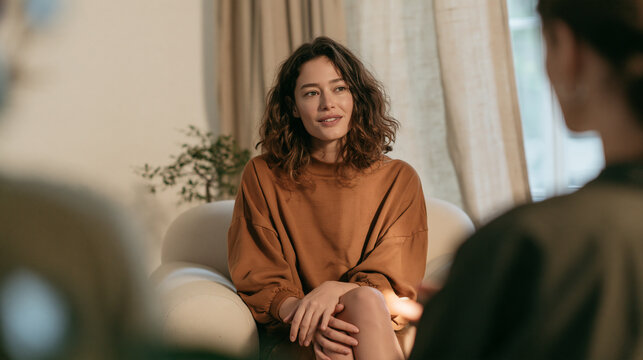 Therapy Session: A woman with curly brown hair and a warm smile engages in a heartfelt conversation, sitting comfortably in an armchair during a therapeutic session.