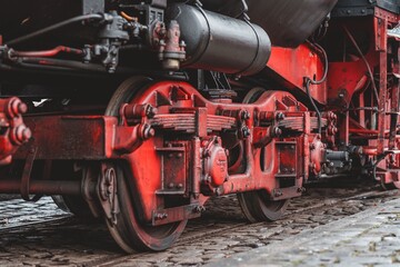 Close up of vintage steam locomotive train red wheels and mechanical parts on cobblestone railway track © Rathod