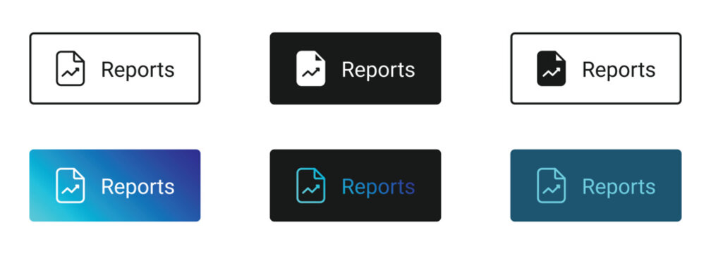 Six different ui button designs for a reports menu featuring document icons with trend graphs in various styles including outline, solid, gradient, and dark mode variations