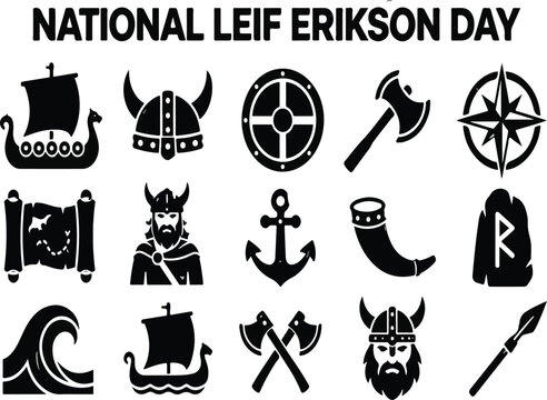 National Leif Erikson Day 2026 Viking Silhouette Icon Set, Black and White Norse Symbols Collection with Viking Ship, Helmet, Shield, Axe, Compass, Anchor, Warrior, Drinking Horn, Rune Stone and Spear