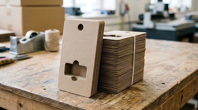 Wooden mockup stand for product packaging and design presentation on workbench