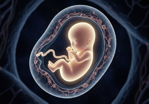 Fetal Development in Utero: A detailed illustration showcases a developing fetus suspended within the protective environment of the womb.