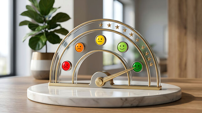 Satisfaction gauge with smiley face icons on marble pedestal for business