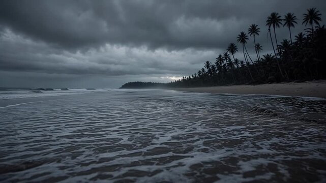Moody Ocean Waves Lapping on Shore Under Dark Clouds and Silhouetted Palm Trees at Dusk