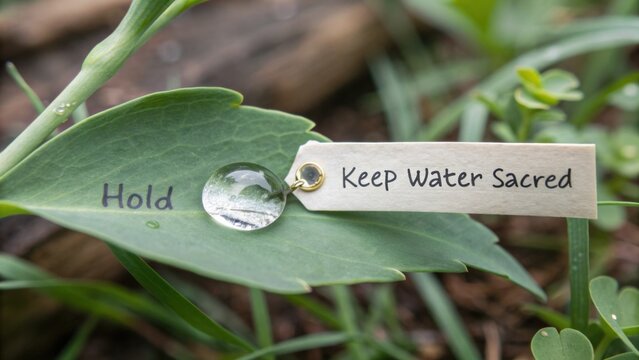 Water Droplet on Green Leaf with Conservation Message