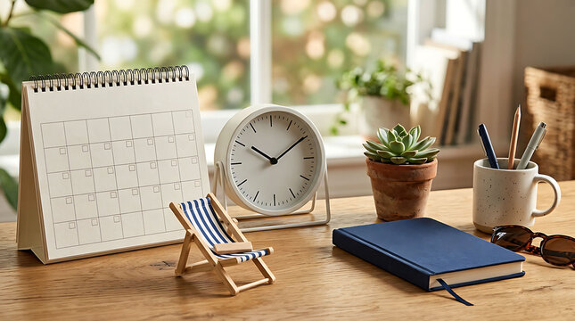Minimalist Office Desk Setup with Calendar, Clock, and Vacation Planning Items
