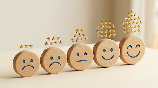 Wooden emotion feedback rating scale with stars representing customer satisfaction