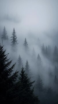 Mysterious Evergreen Forest Shrouded in Thick Mist Creating an Eerie Atmosphere