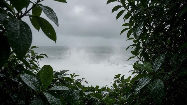 Ocean Waves Crashing Against Rocky Shore Framed by Lush Green Foliage Under Cloudy Skies
