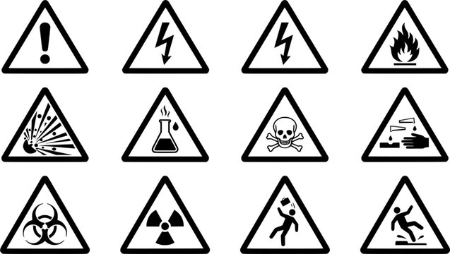 Vector illustration set of hazard safety warning signs and industrial caution symbols in triangular frames, including general exclamation alert, high voltage electricity, flammable fire hazard