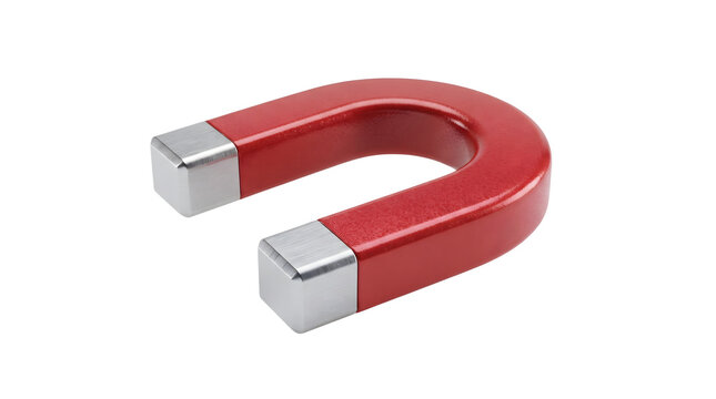 Red horseshoe shaped permanent magnet with silver tips isolated on solid black background, close up studio product shot