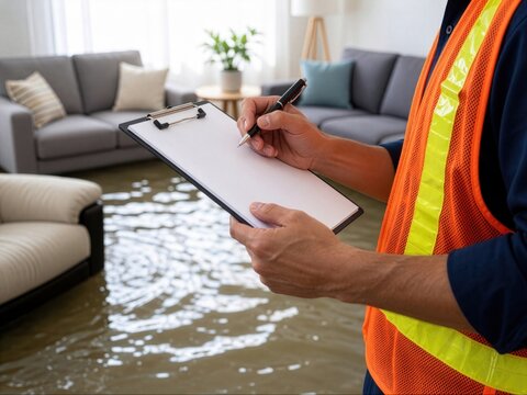 An insurance adjuster in high-visibility gear assesses flood damage inside a residential house room.