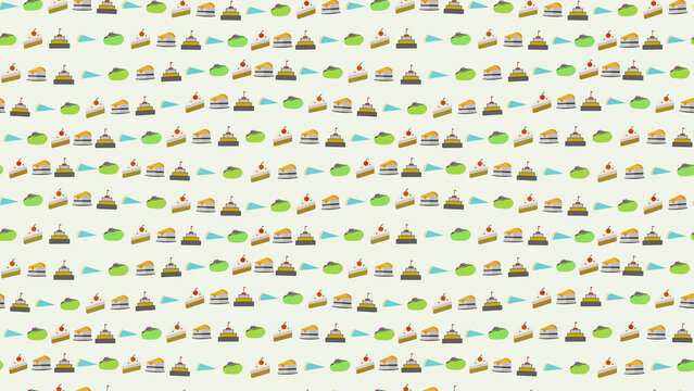 Seamless pattern of cakes and green shapes