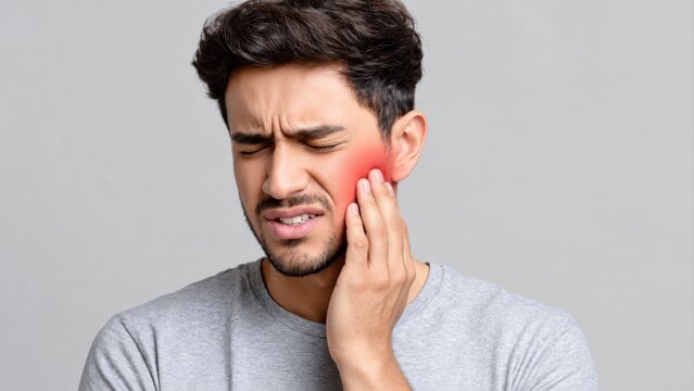A man holds his cheek while grimacing in pain, suggesting a toothache or facial discomfort.
