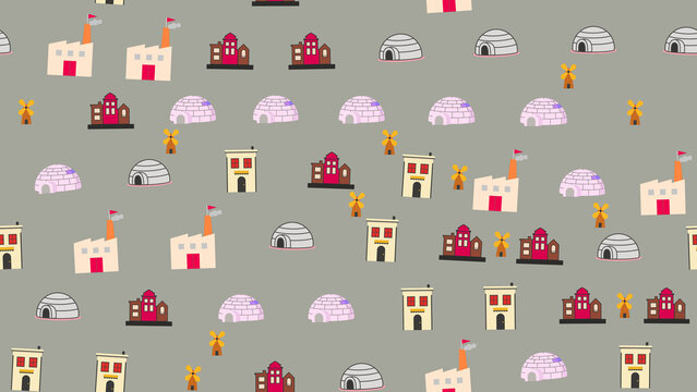 Seamless pattern of cartoon buildings, igloos, and windmills