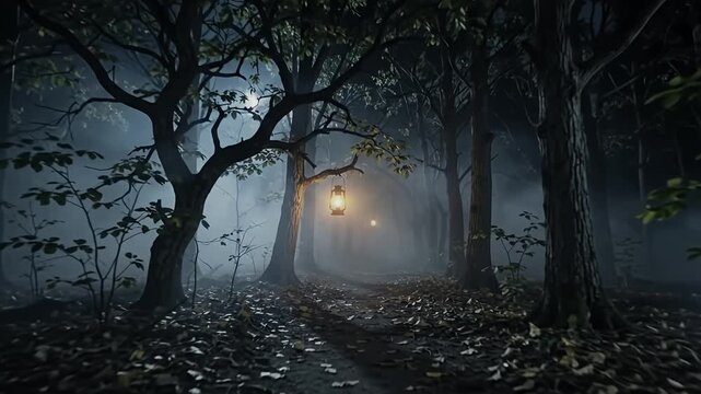 Glowing lantern hanging from tree branch in misty dark forest at night illuminating woodland path