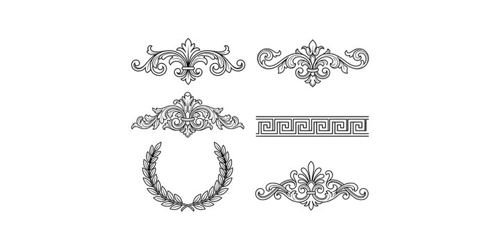 Elegant vintage ornamental borders and laurel wreath for decorative design elements.