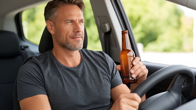 Mature man drinking beer while driving a car, concept of drunk driving and traffic safety violation