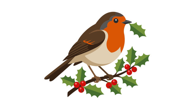 European Robin Bird on Holly Branch Festive Illustration