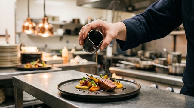 Professional chef garnishing gourmet dish in modern restaurant kitchen with copy space