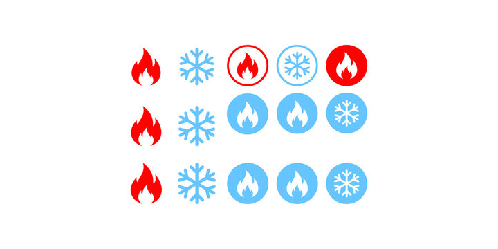 Set of red fire and blue snowflake icons representing hot and cold temperatures or energy concepts.
