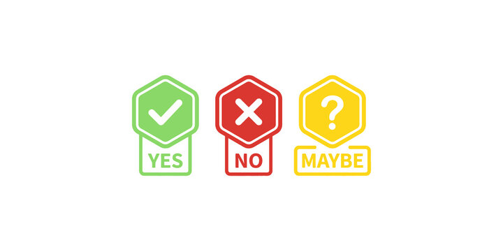 Three colorful hexagonal icons with 'yes,' 'no,' and 'maybe' for decision-making and feedback interfaces.