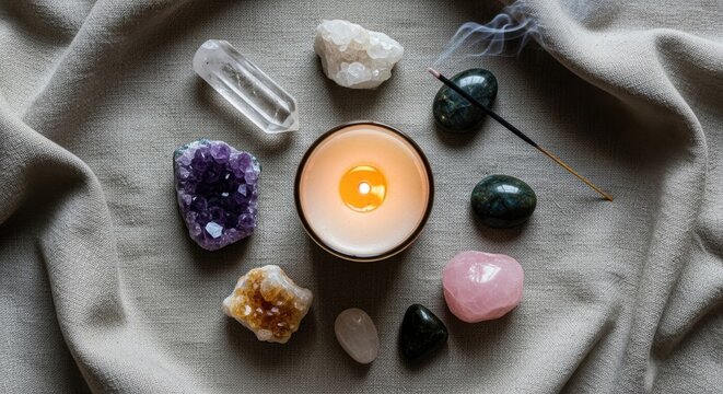 Healing Crystals and Candle: A collection of various polished and raw crystals, including amethyst, citrine, and rose quartz, are arranged in a circle around a lit candle.