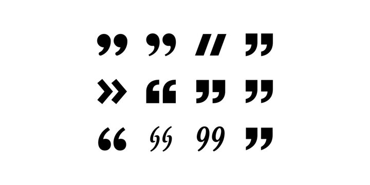 Variety of black quotation mark symbols, speech bubbles and quote elements for typography design.