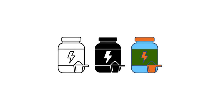 Set of protein powder jar icons with lightning bolt, supplement scoop for fitness and nutrition.