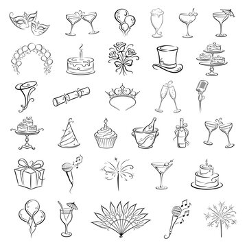 Elegant Hand Drawn Party and Celebration Elements Vector Set, Holiday Ink Stroke Lines Vector Set