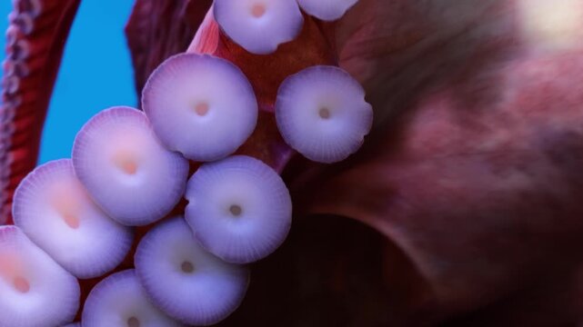 Macro view of octopus tentacles and suckers moving across glass surface in blue water environment.