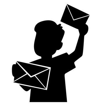 Silhouette of a person holding a poscard and a  mail letter. Boy with envelope