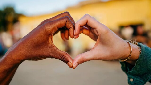 Diverse hands forming a heart shape, symbolizing unity and love in a warm outdoor setting