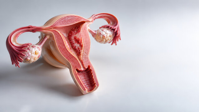 Female reproductive system anatomical model showing uterus ovary fallopian tube and endometrium for PCOS menopause and women health education