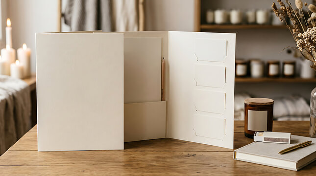 Blank white standing folder mockup on wooden table with cozy background