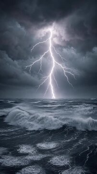 Powerful Lightning Striking Over Turbulent Ocean Waves Under Dark Storm Clouds