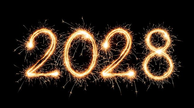The year twenty twenty eight written with glowing firework sparklers