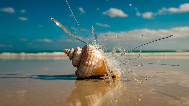 Seashell on a tropical beach with calm ocean water and blue sky