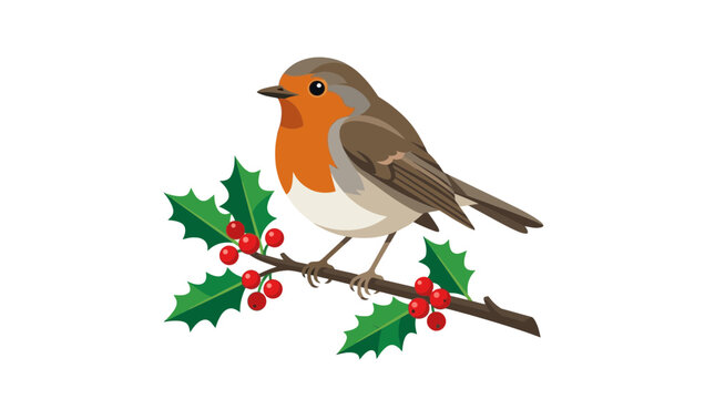 Robin Bird on Holly Branch, Isolated Illustration